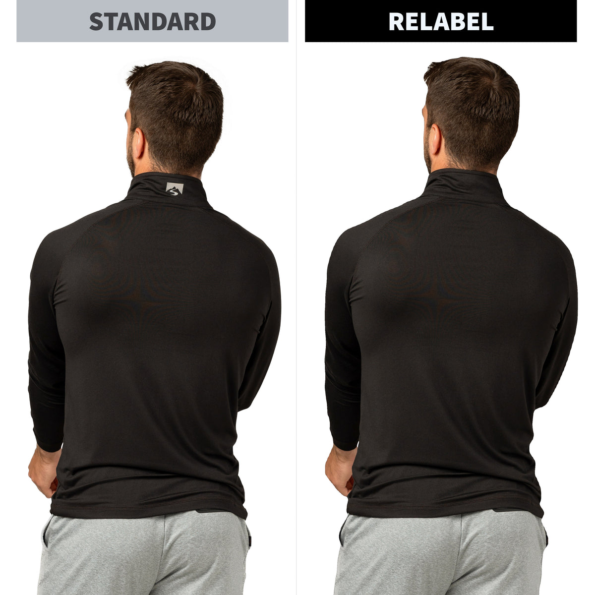 Side-by-side back view comparison of a man wearing a black long-sleeve quarter-zip top, labeled STANDARD on the left and RELABEL on the right, against a white background.