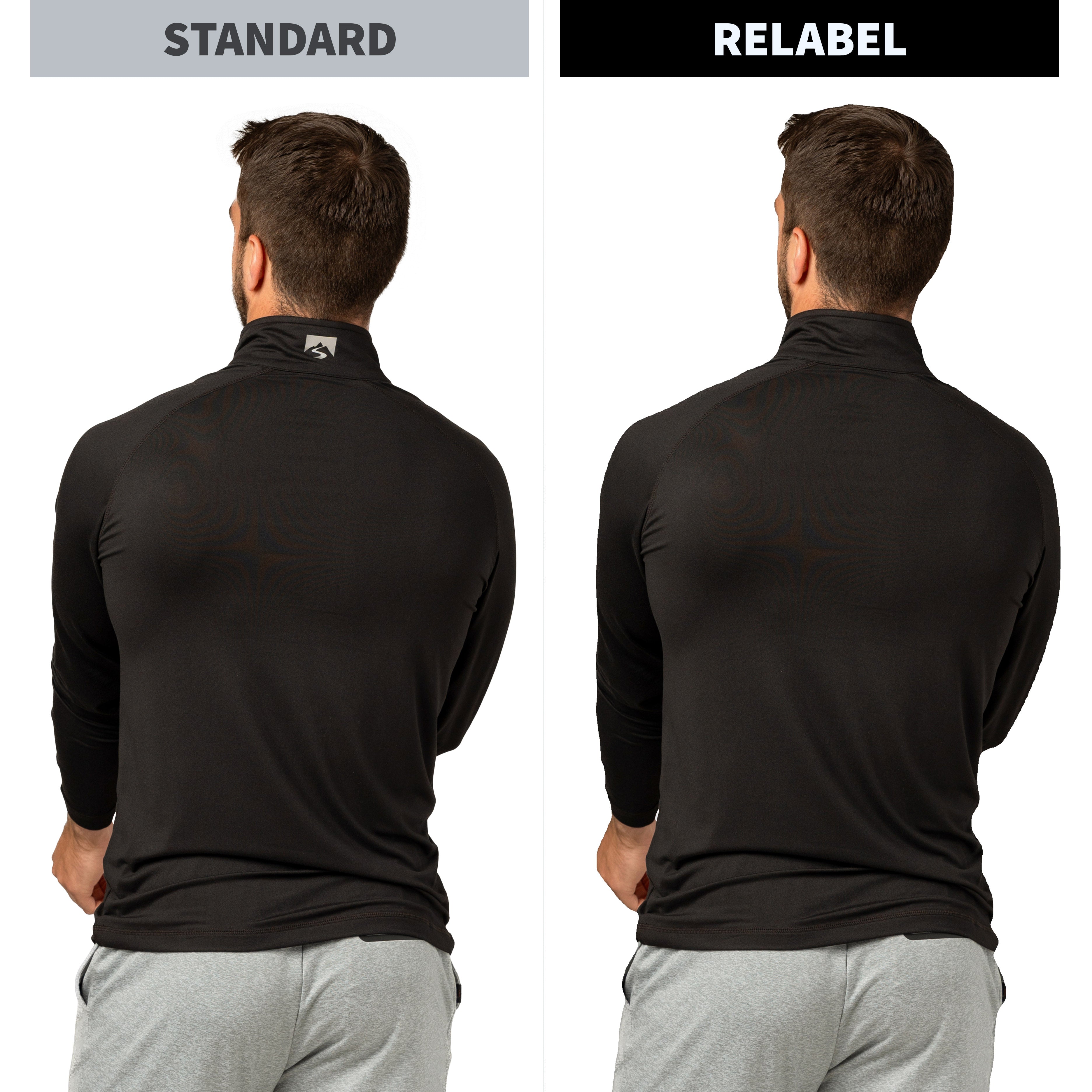 Side-by-side back view comparison of a man wearing a black long-sleeve quarter-zip top, labeled STANDARD on the left and RELABEL on the right, against a white background.