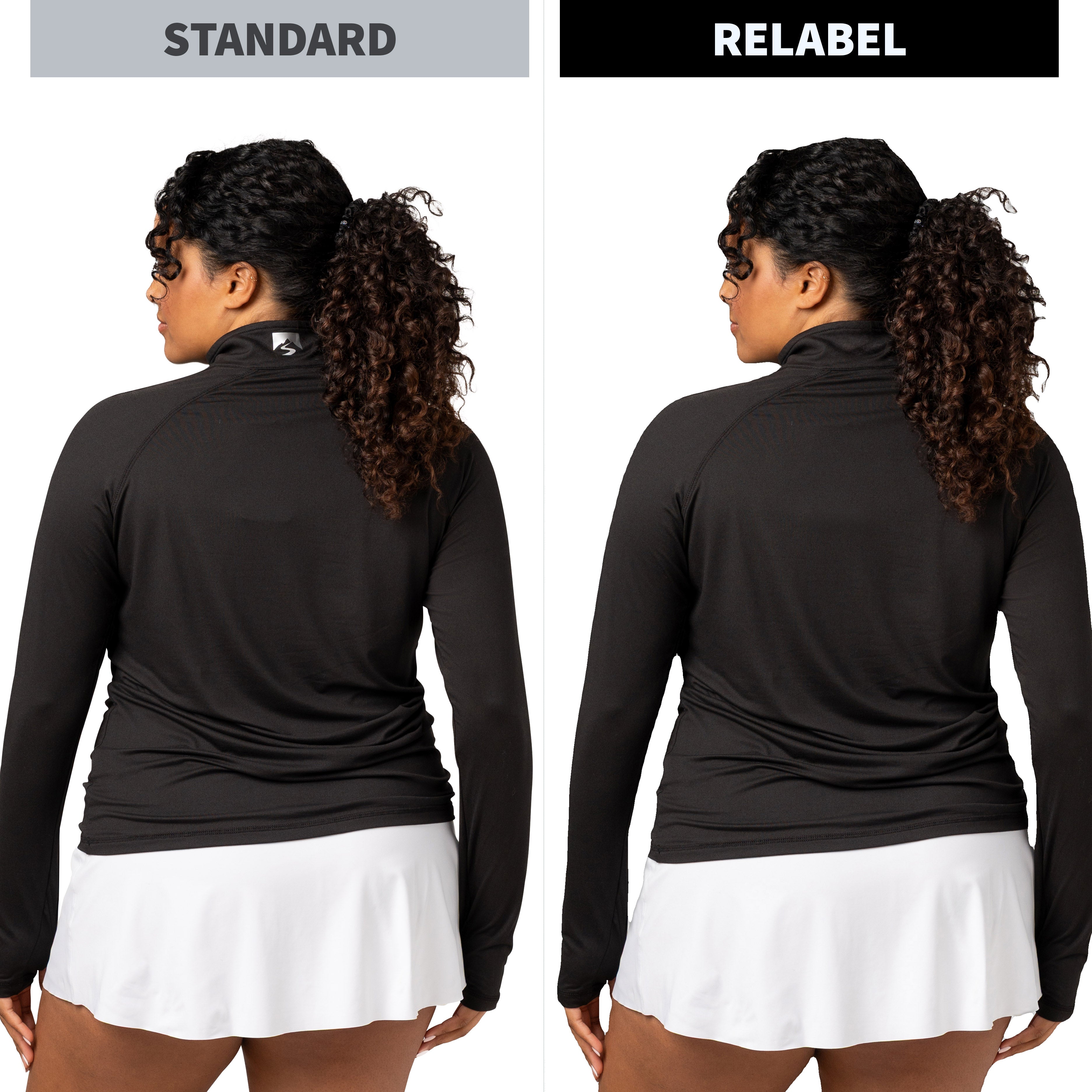 Side-by-side comparison of a woman from the back wearing a black long-sleeve athletic top with a white tennis skirt. The left side is labeled 'STANDARD' and shows lable on the back yoke =. The right side is labeled "Relabel" and does not have a logo on the back yoke.