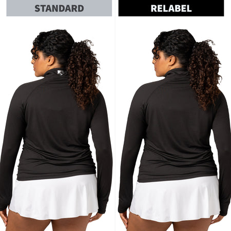 Side-by-side comparison of a woman from the back wearing a black long-sleeve athletic top with a white tennis skirt. The left side is labeled 'STANDARD' and shows lable on the back yoke =. The right side is labeled "Relabel" and does not have a logo on the back yoke.