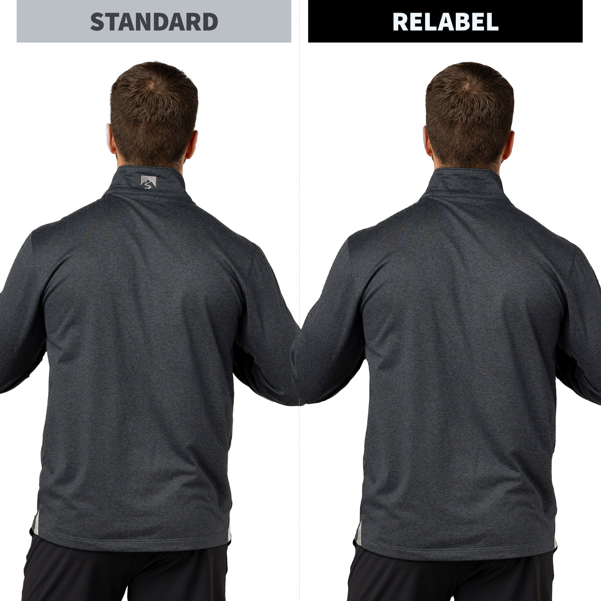 A side-by-side comparison of a dark gray athletic quarter-zip pullover shown from the back on a model, labeled 'STANDARD' on the left and 'RELABEL' on the right, with the Relabel logo visible on the back collar of the right version.