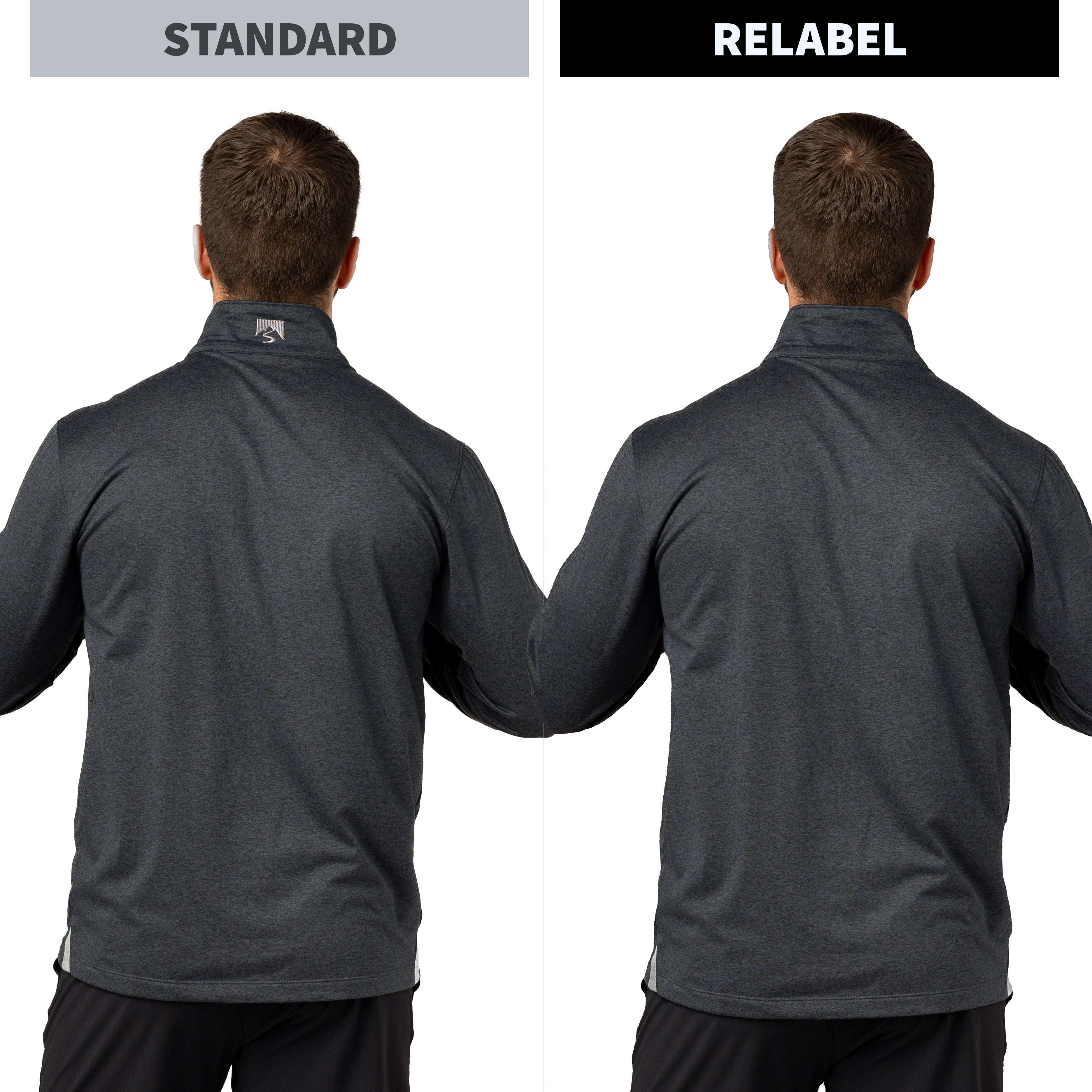 A side-by-side comparison of a dark gray athletic quarter-zip pullover shown from the back on a model, labeled 'STANDARD' on the left and 'RELABEL' on the right, with the Relabel logo visible on the back collar of the right version.