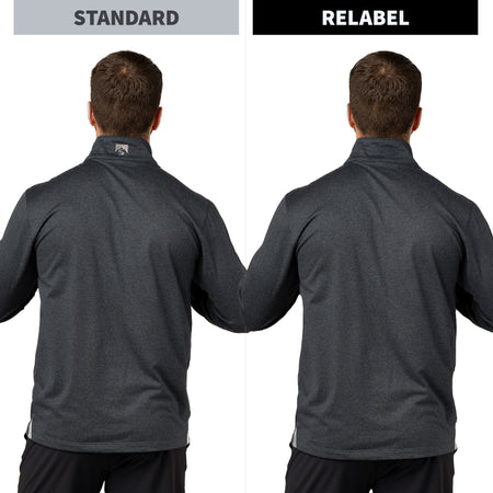 A side-by-side comparison of a dark gray athletic quarter-zip pullover shown from the back on a model, labeled 'STANDARD' on the left and 'RELABEL' on the right, with the Relabel logo visible on the back collar of the right version.