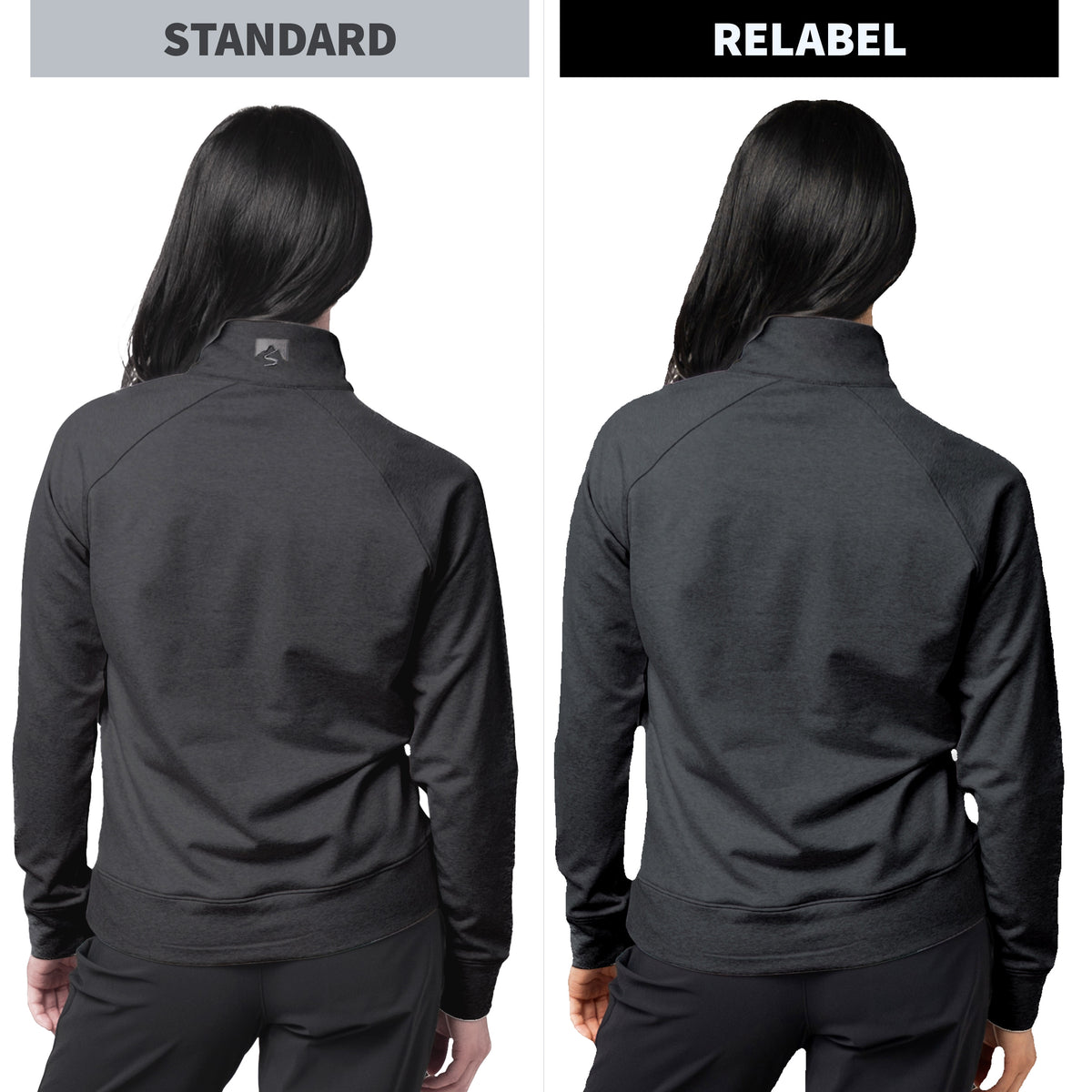Side-by-side comparison of a woman from the back wearing a dark gray athletic jacket, labeled 'STANDARD' on the left and 'RELABEL' on the right, showing the difference in branding placement.