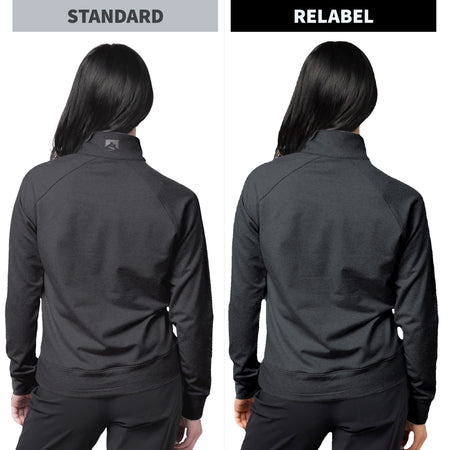 Side-by-side comparison of a woman from the back wearing a dark gray athletic jacket, labeled 'STANDARD' on the left and 'RELABEL' on the right, showing the difference in branding placement.