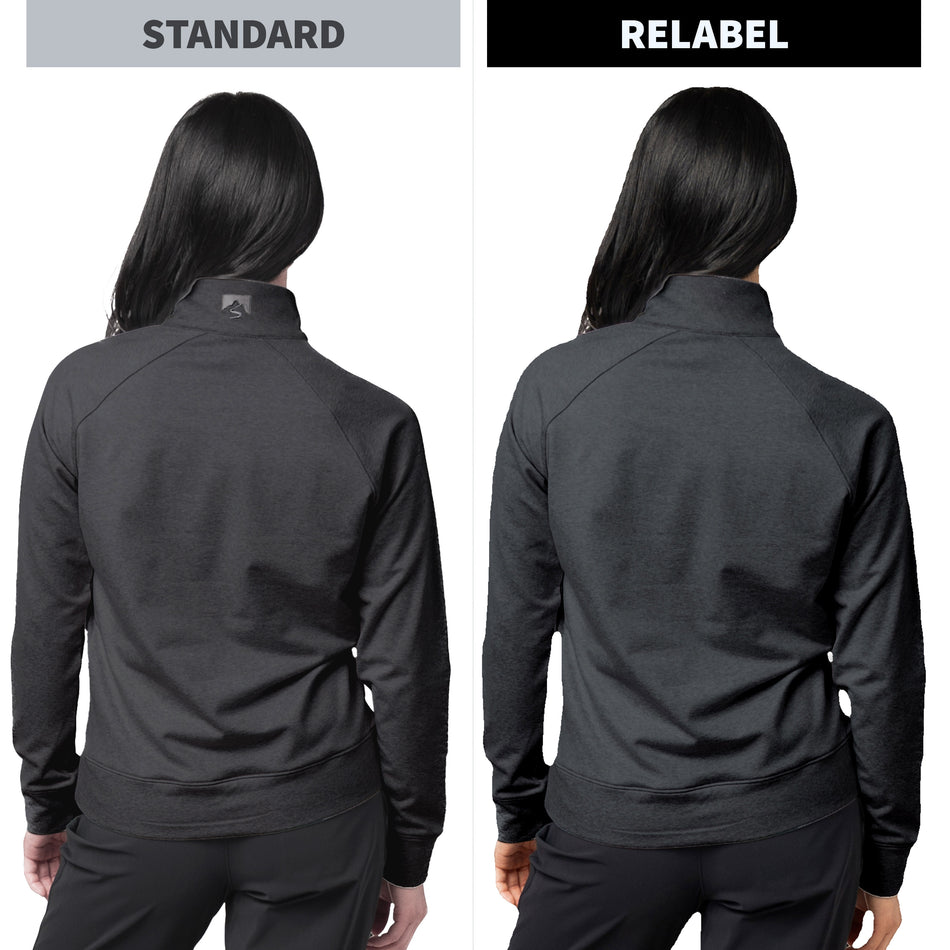 Side-by-side comparison of a woman from the back wearing a dark gray athletic jacket, labeled 'STANDARD' on the left and 'RELABEL' on the right, showing the difference in branding placement.