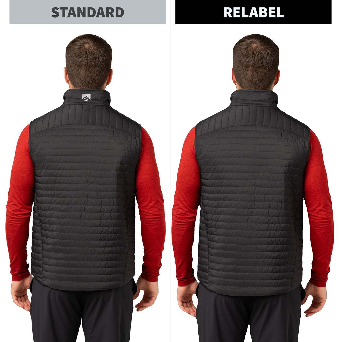 A side-by-side comparison of a black quilted sleeveless puffer vest worn by a model, viewed from the back. The left side is labeled 'STANDARD' and shows a small white logo on the upper back.
