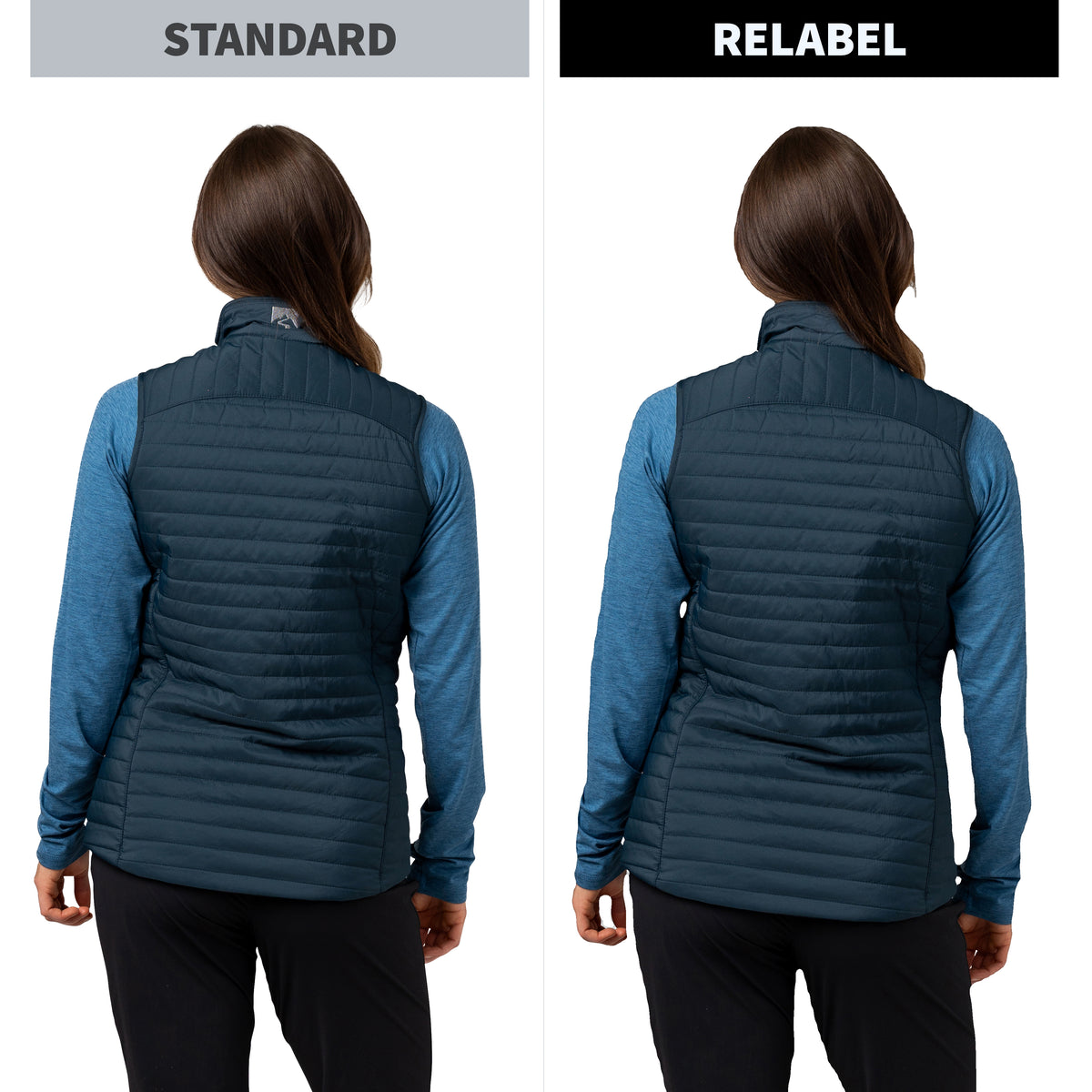 Side-by-side back view comparison of a woman wearing a quilted vest over a blue long-sleeve shirt. The left panel is labeled STANDARD and shows a lighter blue vest; the right panel is labeled RELABEL and shows a darker navy vest.