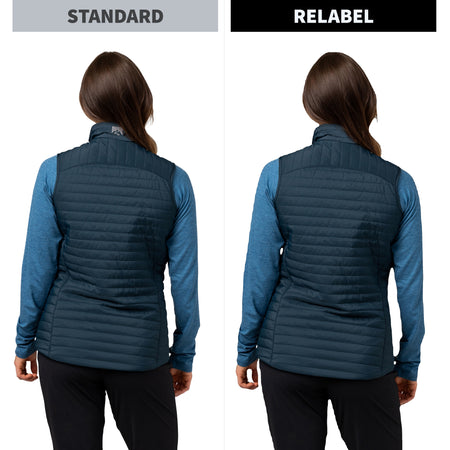 Side-by-side back view comparison of a woman wearing a quilted vest over a blue long-sleeve shirt. The left panel is labeled STANDARD and shows a lighter blue vest; the right panel is labeled RELABEL and shows a darker navy vest.