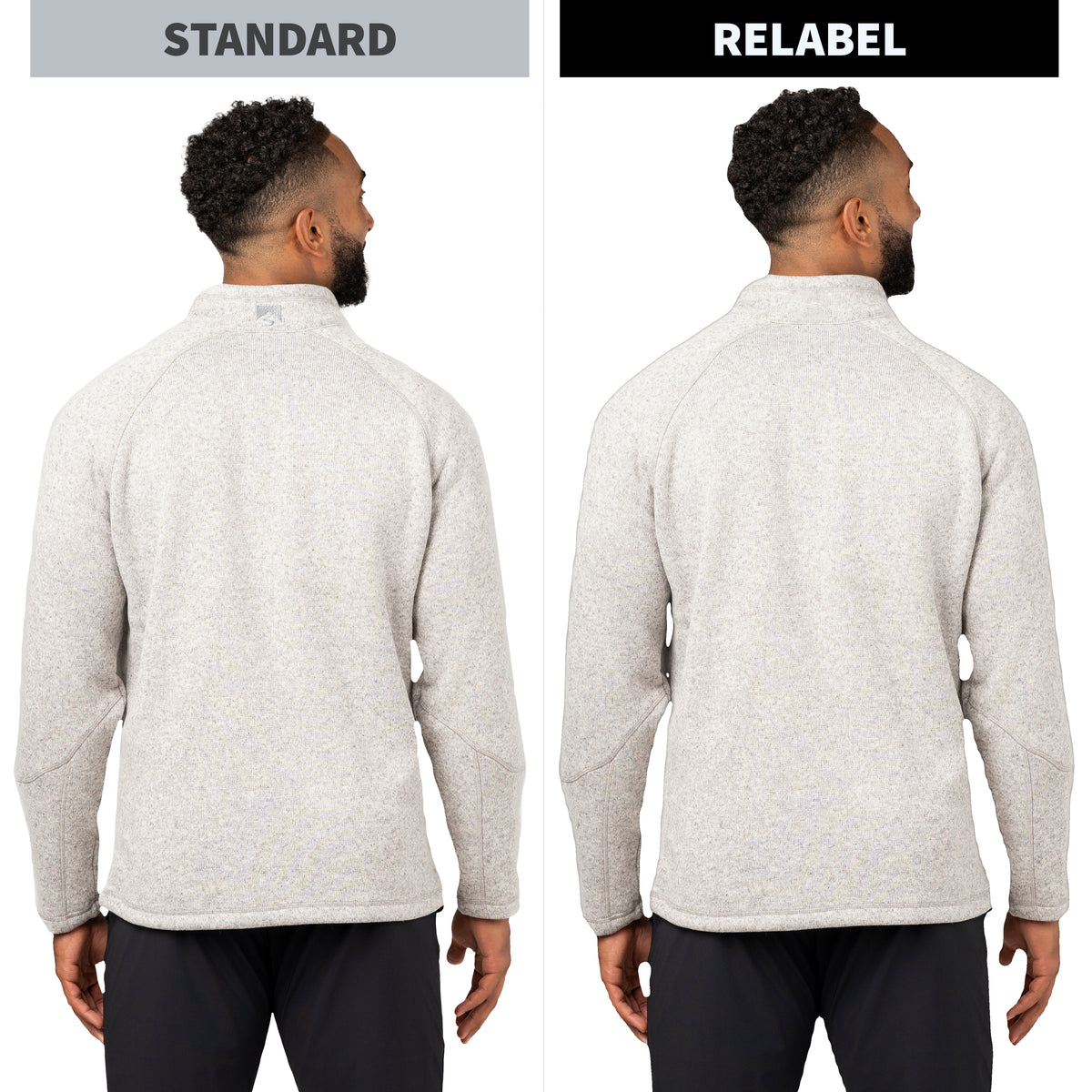 Side-by-side comparison of a man's back wearing a light heather gray quarter-zip fleece, labeled 'STANDARD' on the left and 'RELABEL' on the right, against a white background.