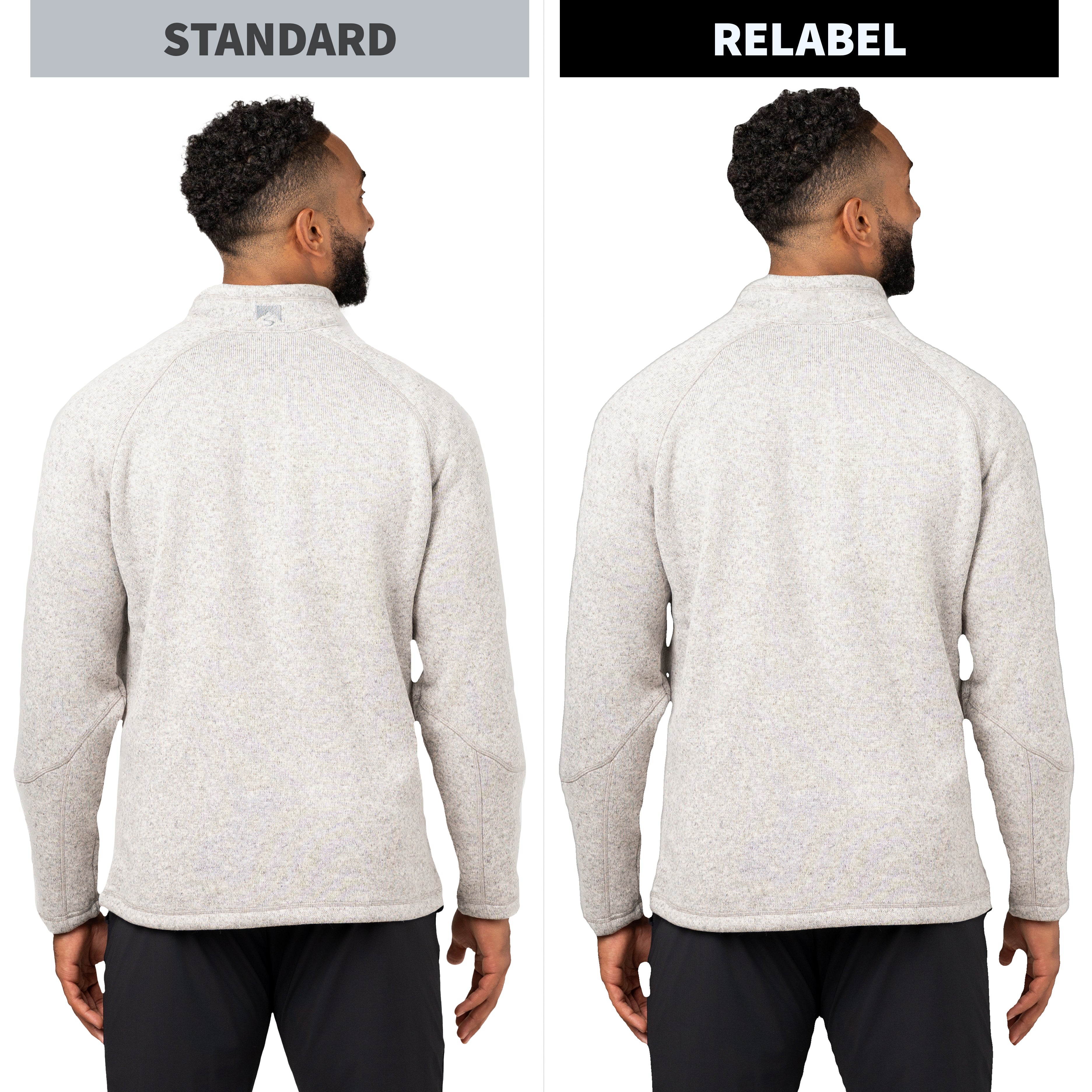 Side-by-side comparison of a man's back wearing a light heather gray quarter-zip fleece, labeled 'STANDARD' on the left and 'RELABEL' on the right, against a white background.