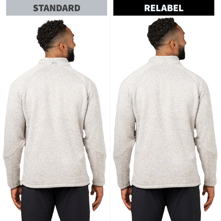Side-by-side comparison of a man's back wearing a light heather gray quarter-zip fleece, labeled 'STANDARD' on the left and 'RELABEL' on the right, against a white background.