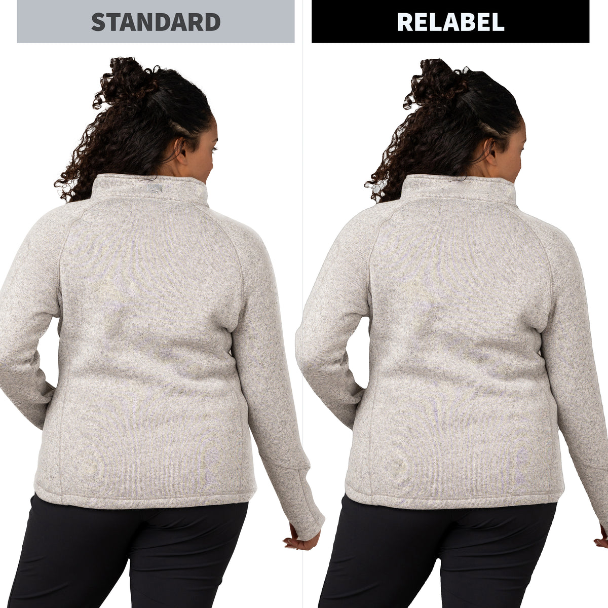 Side-by-side comparison of a woman from the back wearing a light heather gray quarter-zip fleece. The left side is labeled 'STANDARD' and shows a slightly slouchier fit, while the right side is labeled 'RELABEL' and shows a tighter, flatter fit.